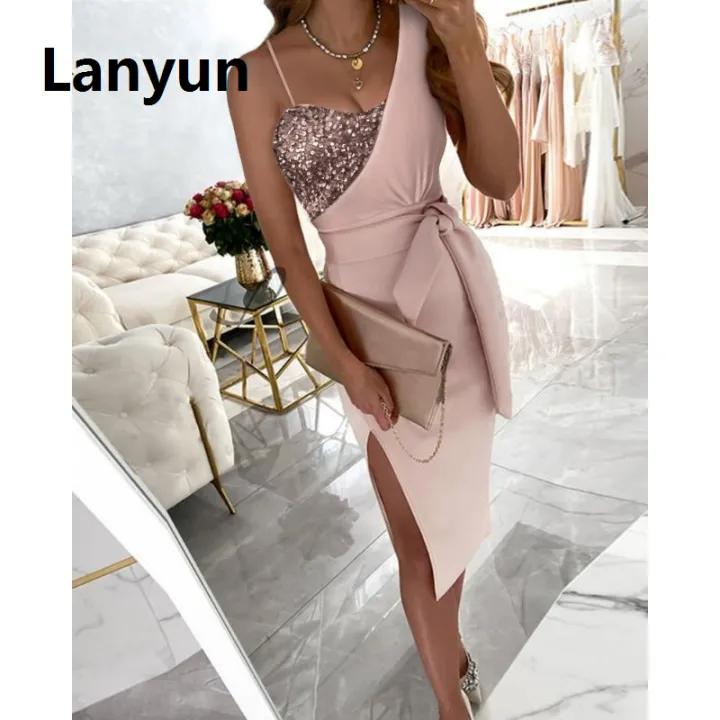 Lanyun%20Spring%20Summer%20Solid%20Color%20Sequins%20Dress%20Single-Shoulder%20Suspender%20Original%20One-Piece%20Meeting%20Dress%20Long%20High%20Waist%20Dresses%20-%20Image%202
