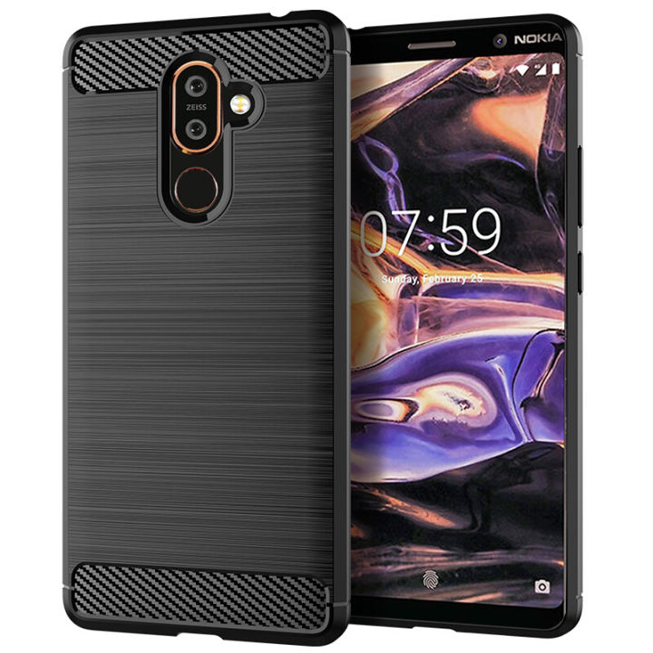 lthmy for Nokia 7 Plus Case Carbon Fiber TPU Soft Silicone Back Cover Armor Phone Case Casing