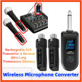 Fifty percent discount Wireless system to microphone rechargeable transmitter XLR and receiver connected to wireless microphone adapter for dynamic microphone. 