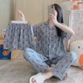 3 Piece Pajama Set Girls' short sleeve shirt long trouser Home wear Short Sets Night Shirt Pajama Women's Sleepwear. 