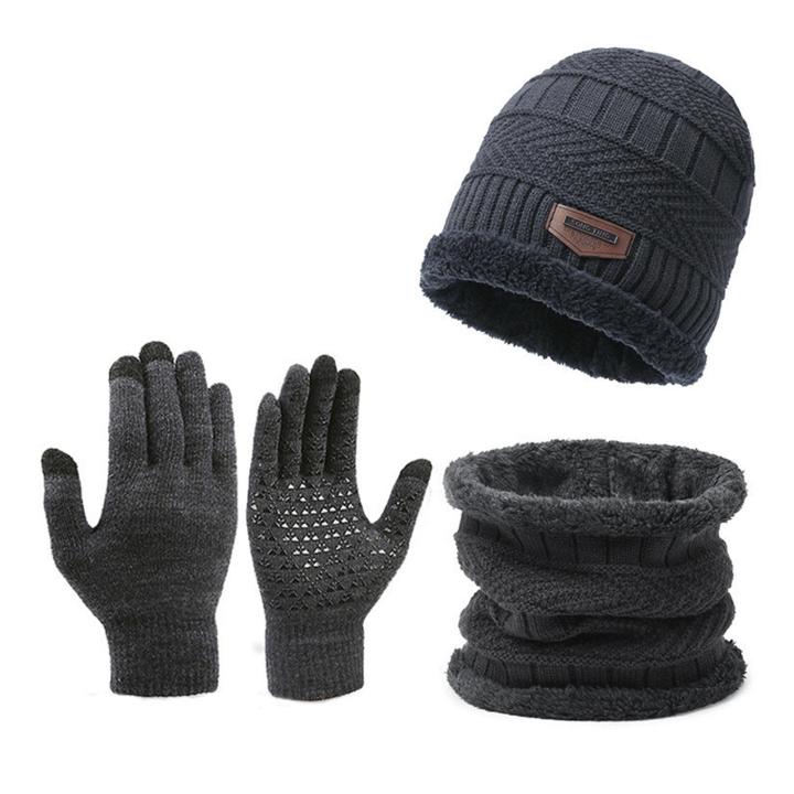 DESCENTE Minimalist Winter Set Men's Winter Hat Scarf Gloves Set Warm Knitted Windproof Outdoor Cycling Cap Neck Warmer 3 Pcs/set Cozy Knit Hat