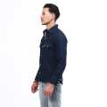 Blue Jeans Full Sleeve Front Pocket Design Plain Shirt For Men. 