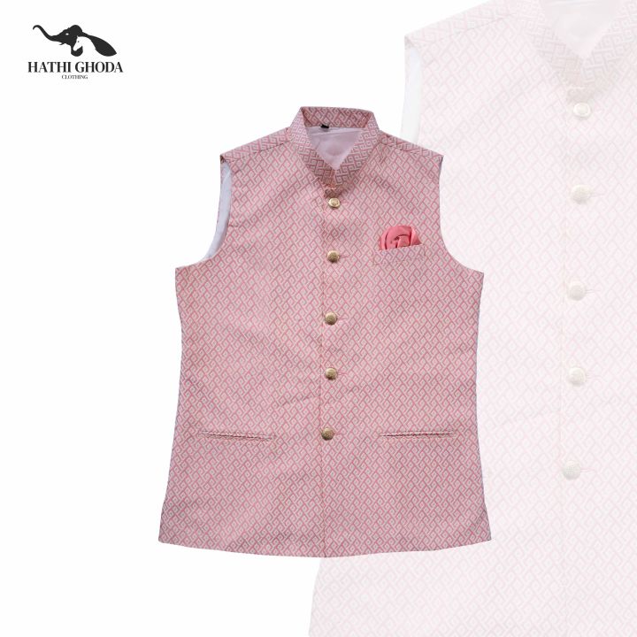 Hathighoda Men’s Pink Waist Coat with Machine Net Work| Wedding Attire