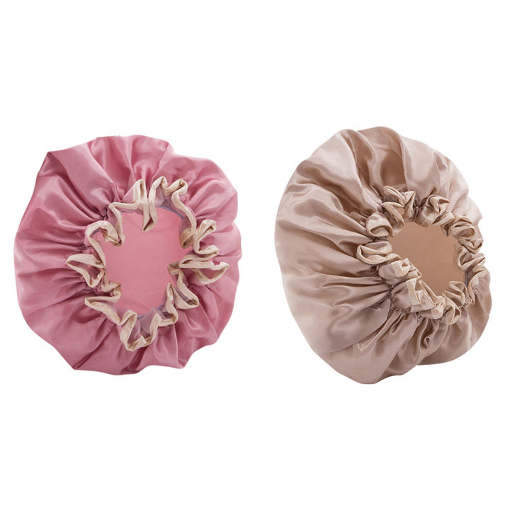 fasdaga 2 Pcs Women'S Waterproof Hat Bathing Long Hair Bathing Headgear Hair Cover Oil Fume Dry Hair Cap, Pink & Champagne
