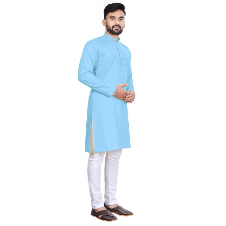 Sky%20Blue%20Solid%20Cotton%20Kurta%20Pajama%20Set%20For%20Men%20-%20Image%203