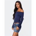 Off the Shoulder Sweater for Women 2025 Fall Fashion Cute Long Sleeve Tops Winter Ribbed Pullover Knit Outfits Dark Blue S. 