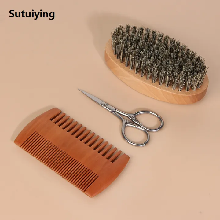Sutuiying%204pcs/Set%20Men's%20Beard%20Grooming%20Kit%20Gift%20%E2%80%93%20Wooden%20Beard%20Comb,%20High%20Quality%20Boar%20Bristle%20Brush,%20Stainless%20Steel%20Scissors%20Storage%20Bag%20-%20Image%202