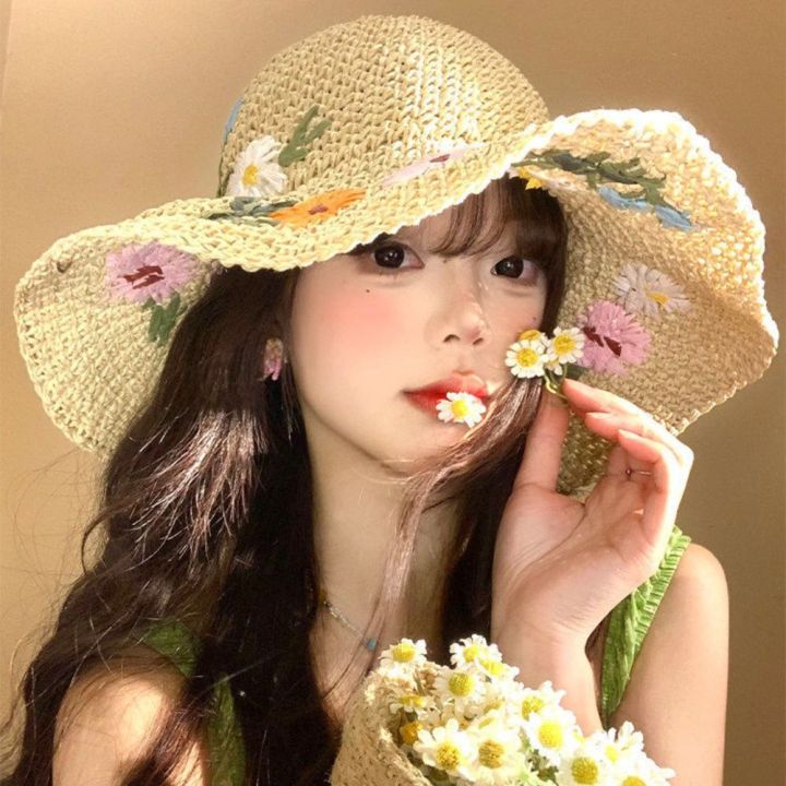Casual%20Colorful%20Flower%20Straw%20Hat%20Boho%20Wide%20Brim%20Women's%20Sun%20Hats%20Lightweight%20Foldable%20Weave%20Hat%20Travel%20-%20Image%205