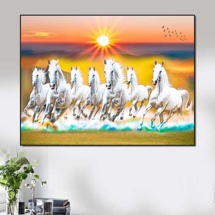 Seven Horse Vastu Hard Wood Big Size 61cmx41cm frame