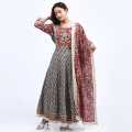 Multicolor Cotton Printed Anarkali Kurta Plazzo With Shawl Set For Women. 