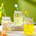 Beautiful Printed Glass Cup Mug With Straw 450 ML. 
