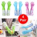4 Pairs Heavy-Duty Waterproof Rubber Cleaning Gloves – Thick Latex Kitchen Dishwashing Gloves with Long Sleeves for Home, Laundry & Winter Use. 