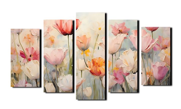 5-Piece Canvas Wall Art Set – Abstract Textured Floral Tulips & Poppies Print