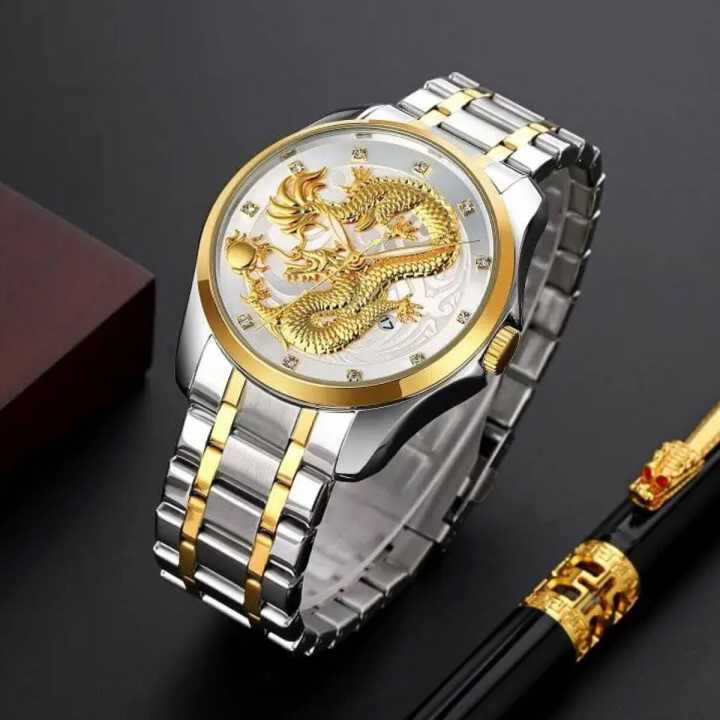 SKMEI 9193 Dragon Quartz Luxury Golden/Silver Color Wristwatch For Men