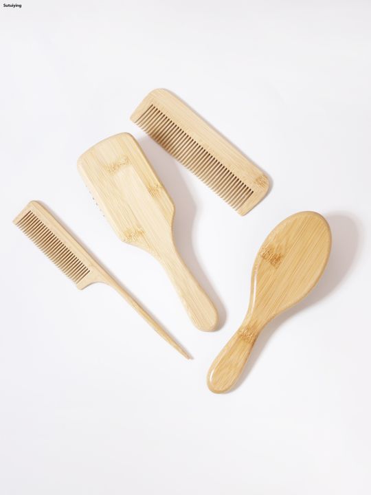 Sutuiying 4PCS natural bamboo and wood comb, anti-static, pointed tail comb, Fifty percent discount oval square scalp massage brush, dry and wet dual-purpose