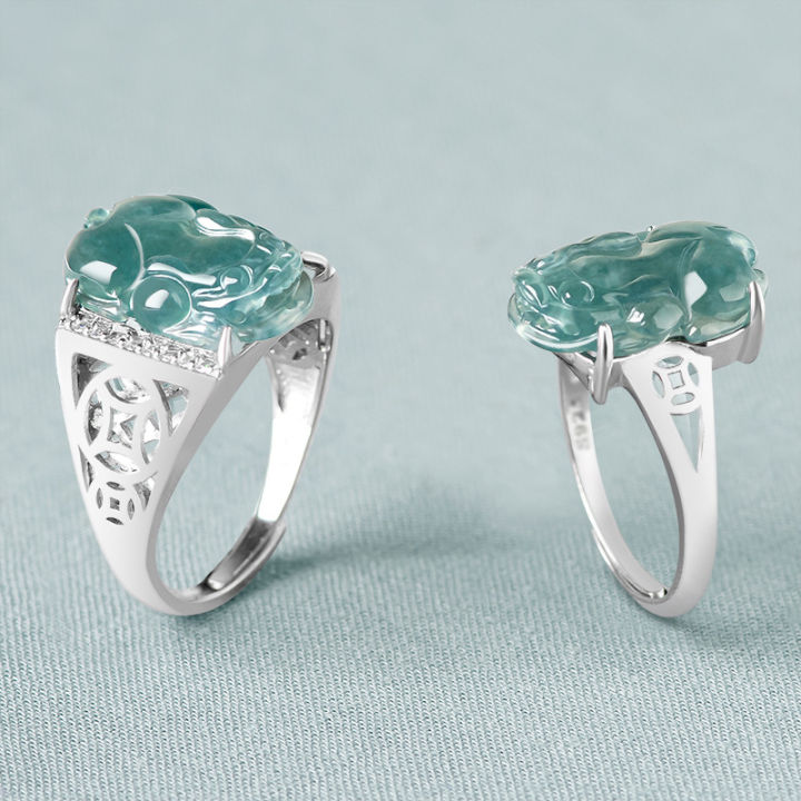 【Unlimited repurchase】S925 Silver Inlaid Pure Natural A Goods Jade Blue Water Pixiu Jade for Men and Women Adjustable Couple Fashion Ring