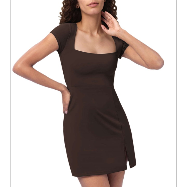 Womens Tennis Dresses Short Sleeve Square Neck Side Slit Double Lined Golf Athletic Dress