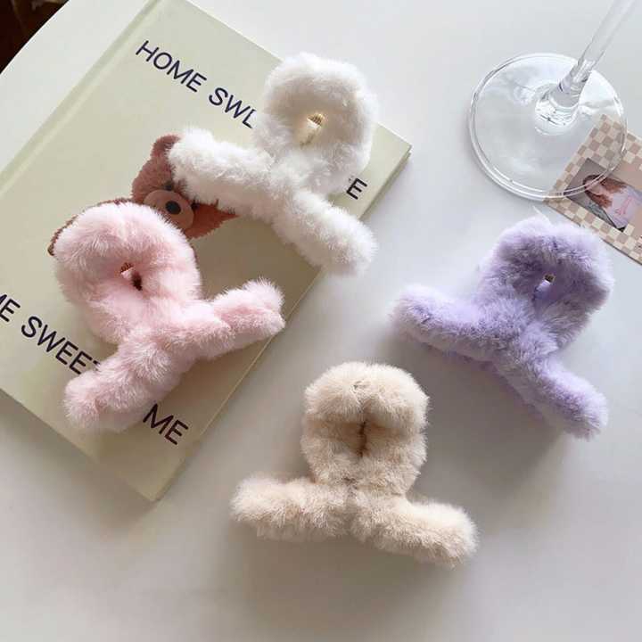 Enacolor Autumn Winter Candy Color Fluffy Plush Hair Claw Clip for Girl Accessories 9.5*6.5CM