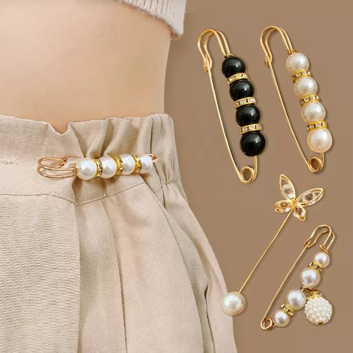 St.kunkka 1-2pcs Korean Fashion Pearl Brooch Anti-exposure Pins Buckles Perdible Tightening Waistband Pins Collar Clips For Apparel Accessories Making