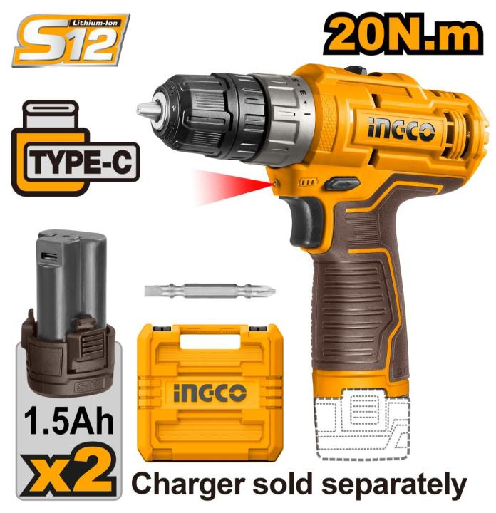 INGCO Power Tools 12V Lithium Cordless Drill Machine CDLI12202