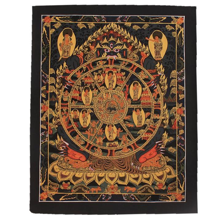 Black/Yellow Wheel Of Life (Bhavachakra) Thangka (13" X 11")