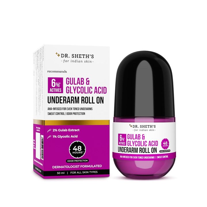 Dr Sheth’s Gulab & Glycolic Acid Underarm Roll-On | 6% Actives | 48 ...