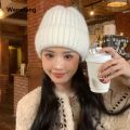 Wenefang orean ersion of ertal thread bright silk rabbit hair hat, solid color, thiened warm knit hat for autumn and winter, with a large head circumference and cold hat. 
