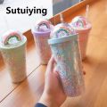 Sutuiying Portable Special Offer Cartoon Cute Rainbow Cup with Straw Double Plastic BPA Free Woman Girl Water Bottle for Juice Milk Coffee 500ml Drinking Tumbler. 