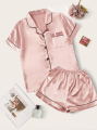 Contrast Binding Lapel Neck Pajama Set For Girls. 