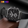 SKMEI 1963 Men's Fashion Multifunction Chronograph Square Dial Date Display Leather Strap Watch - Black. 