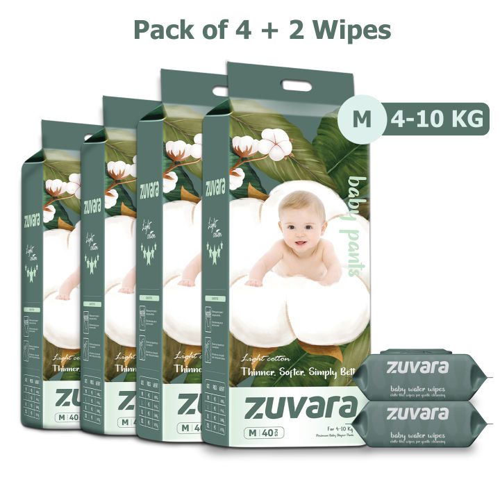 Zuvara Feather Diaper Pants - M (Pack Of 40*4) + 2 Baby Water Wipes