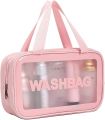 1 Piece Pink Boadered Transparent Cosmetic Bag Waterproof Portable Travel Toiletry Organizer Bag with Zipper and Handle Wash Bag for Women and Girls. 