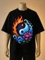 Yin Yang Lotus | Fire-Water Art Printed T-Shirt-Blue, Black, Brown. 