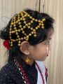 Girl Newari Traditional Dress Set 1 Dress And Jangawal suruwal Patuki With Red Boarder Muga Red Mala Silver Plated Jyapu Shikhaa Sachika For Hair Bond  Gold Plated Ear Ring  Makasi  Gold Plated Nyapu Shikhaa  Silver Plated Kale. 