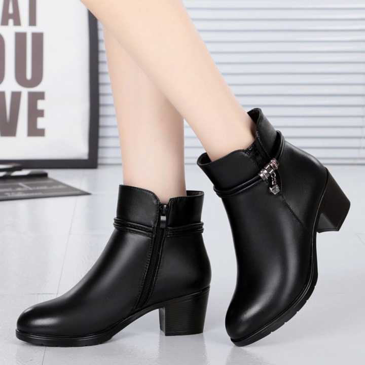 Chunky Heel Soft Leather Warm Fur Winter Ankle Boots For Women