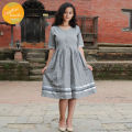 Creative Touch Grey Embroidered Flared A Line Cotton Dress For Women WDR5441. 