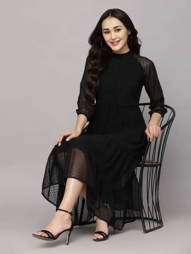 one piece for Women girls Fit Flare Black color Mandarin Collar