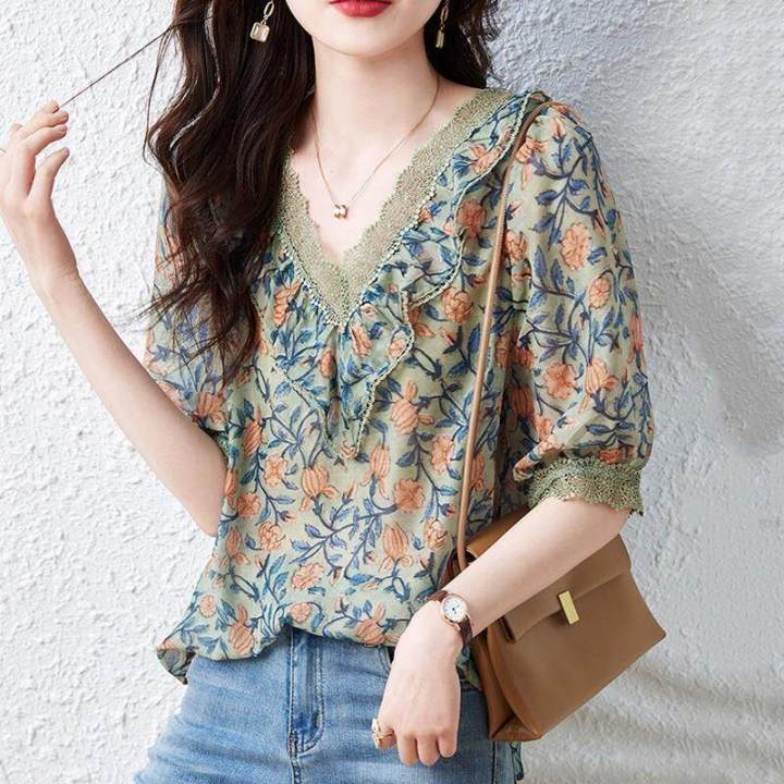 2026%20Summer%20High%20Jacquard%20Chiffon%20Shirt%20Women's%20Short-sleeved%20Noble%20Temperament%20Lady%20Casual%20V-neck%20Korean%20Shirt%20-%20Image%205