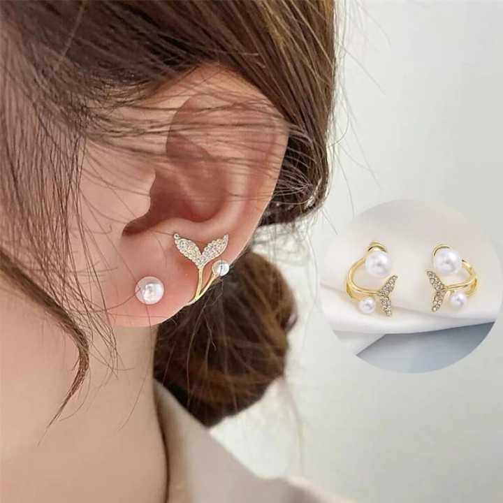 Pearl Stone Tail Design Double Ring Stud Earring For Women