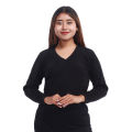 Black V Shaped Full Sleeves Woolen Blouse For Women. 