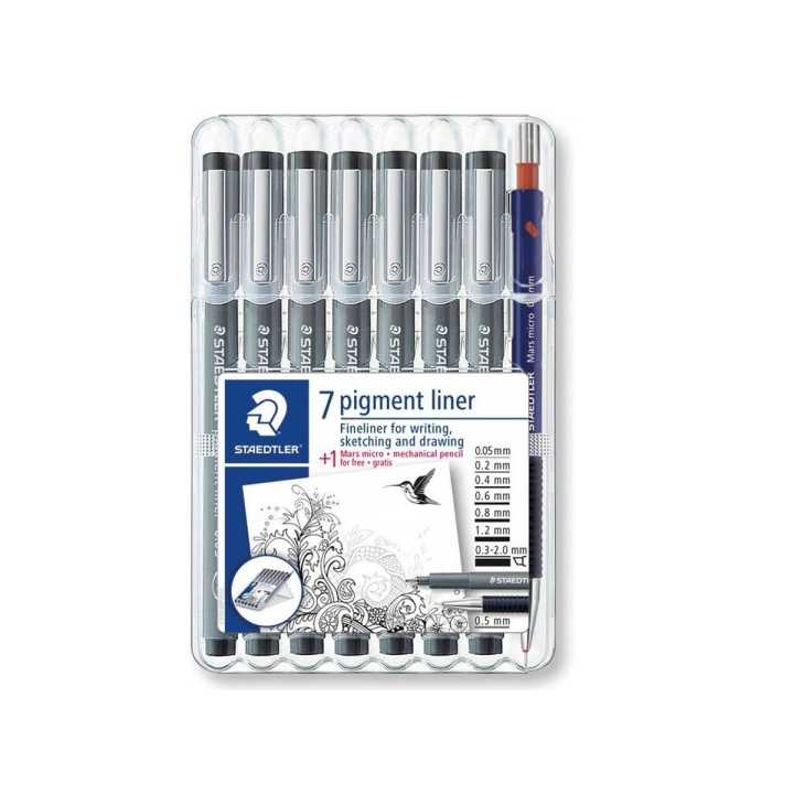 Staedtler Pigment Liner Fineliner Pens - Black 7+1 Mechanical Pencil 0.5 Set