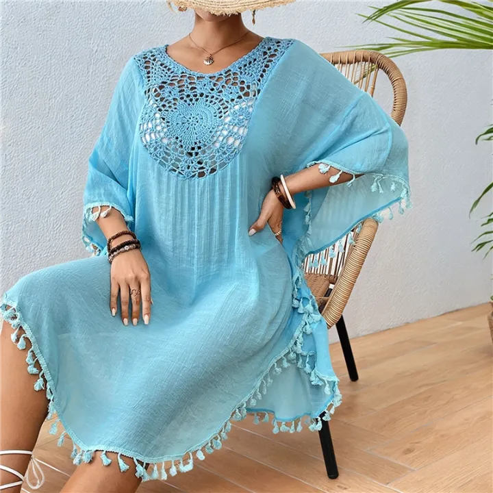 Tassel%20Swimsuit%20Cover%20Up%20Dress%20for%20Women%20Bohemian%20Bathing%20Suit%20Coverups%20Batwing%20Hollow%20Out%20Crochet%20Beach%20Outfits%20-%20Image%203
