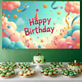 Birthday Backdrop Whimsical Theme Background Happy Colorful Photo Booth Party Decoration Pink Clouds Stars Streamers Children's. 
