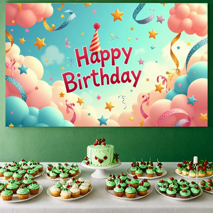 Birthday%20Backdrop%20Whimsical%20Theme%20Background%20Happy%20Colorful%20Photo%20Booth%20Party%20Decoration%20Pink%20Clouds%20Stars%20Streamers%20Children's%20-%20Image%202