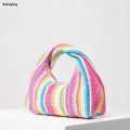 Sutuiying Vintage woven handbag, simple commuter bag, beach wind rainbow Bargain price bag, holiday casual straw purse (random pattern). 
