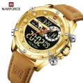 NaviForce NF9208 Men's Dual Display LCD Leather Strap Complete Calendar Wristwatch - Golden. 
