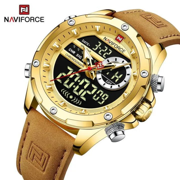NaviForce%20NF9208%20Men's%20Dual%20Display%20LCD%20Leather%20Strap%20Complete%20Calendar%20Wristwatch%20-%20Golden%20-%20Image%202