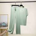 Ice Silk Pamas Women Summer Two-piece Set V-Neck Short sleeve T-shirt Thin Homewear loose Wide-Leg Pants. 