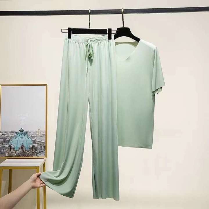 Ice%20Silk%20Pamas%20Women%20Summer%20Two-piece%20Set%20V-Neck%20Short%20sleeve%20T-shirt%20Thin%20Homewear%20loose%20Wide-Leg%20Pants%20-%20Image%205
