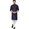 Navy Blue Solid Cotton Kurta Pajama Set For Men. 